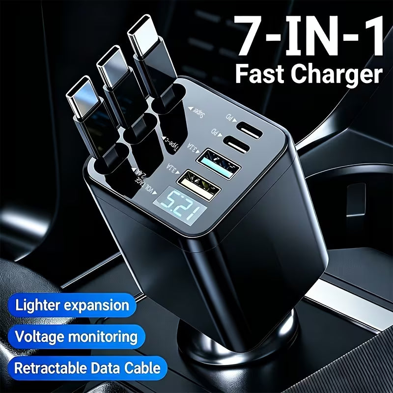 7-In-1 Car Phone Charger with LED Digital Display & 3 Extendable Cables